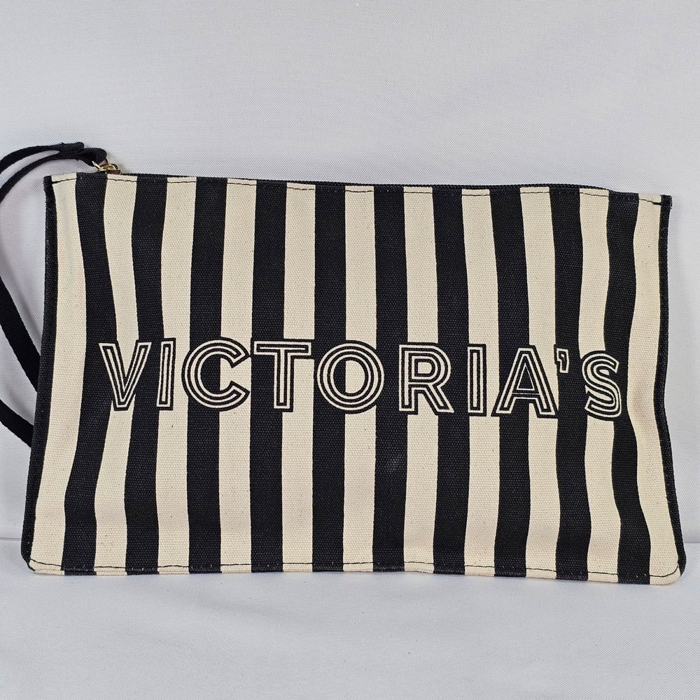 Victorias Secret Black White Striped Canvas Makeup Bag Wristlet Pouch Large
